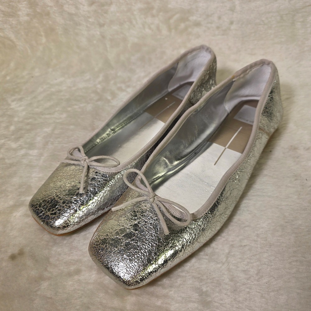 Dolce Vita Leather Ballet Flats Silver Metallic Square Toe Womens 9.5 NEW
